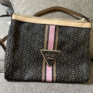 Guess Black Monogram Crossbody Bag with Tan Trim and pink strip